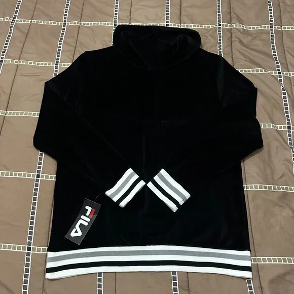 Fila Velour Hoodie 1/4 Zip Pullover Sweatshirt Black - Picture 2 of 6